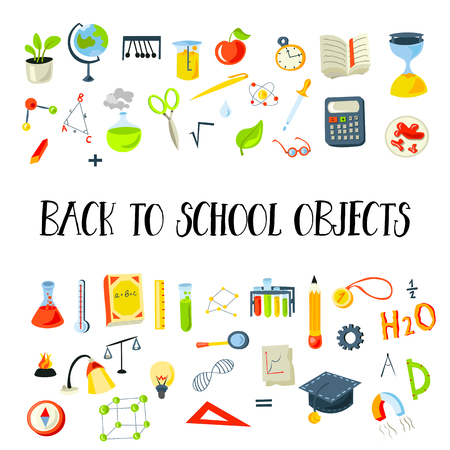 Lined Back to School supplies, elements and objects. Autumn back to school supplies in funny doodle cartooning design. School supplies icon collectionのイラスト素材