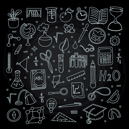Lined Back to School supplies, elements and objects. Autumn back to school supplies in funny doodle cartooning design. School supplies icon collectionのイラスト素材