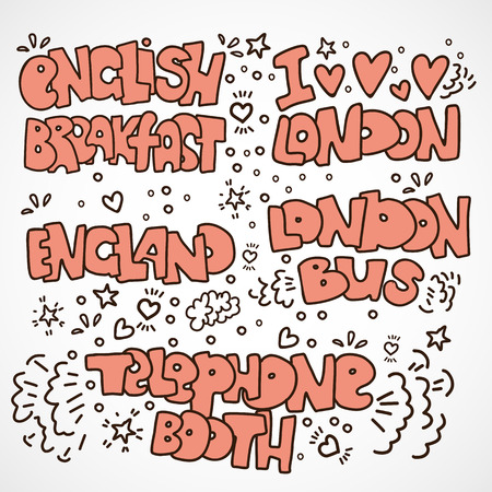 English traditional, travel landmarks and elements lettering. English bus, telephone booth, english breakfast, words I LOVE LONDON and ENGLAND - black and white lettering isolated on white with decorative elenentsのイラスト素材