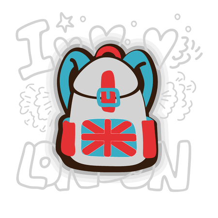 English backpack cartoon vector illustration. Scholl bag with english flag and national colors. Kids backpack cartoon style with decorative elements and lettering about I love London, isolated on white backgroundのイラスト素材