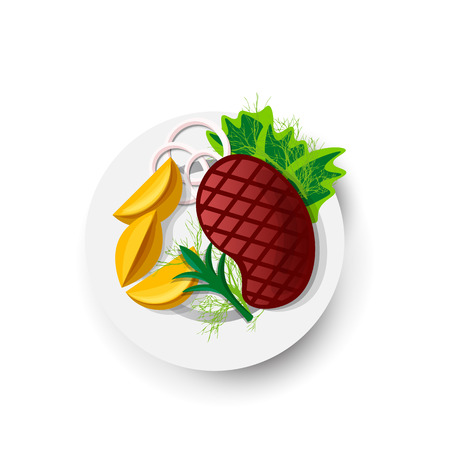 Steak Roast Beef Icon on White Field. Vector Illustration of Roast Beef in Cartoon Style. Juicy Steak With Vegetables on Plate. Concept of Traditional Dish of Meat. Isolated Icon of Grilled Food top view.のイラスト素材