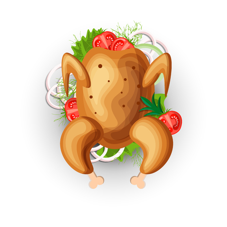 Vector cartoon chicken grill with vegetables icon. Chicken roasted grill Icon with greens and onion isolated on white. Roast grilled chicken illustration with vegs. Chicken grill isolated iconの写真素材