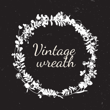 Vintage wreath in natural plant, flowers and leaves. Realistic leaf in round circle form. Invitation and greetings frame and template with natural retro flowers and herbsのイラスト素材