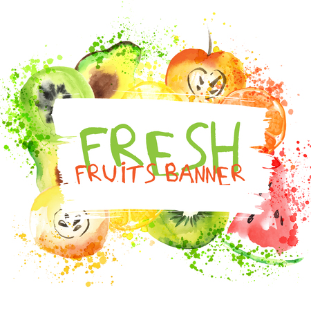 Fresh fruit watercolor banner. Watercolored apple, citruses, avocado and qiwi in one banner with splashes. Healthy lifestyle bannner with fruist and juice splashの写真素材