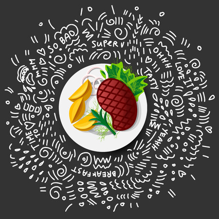 Steak Roast Beef Icon on black background. Vector Roast Beef in Cartoon Style. Juicy Steak With Vegetables on Plate. Concept of Traditional Dish of Meat of Grilled roast beef with doodle decorの写真素材