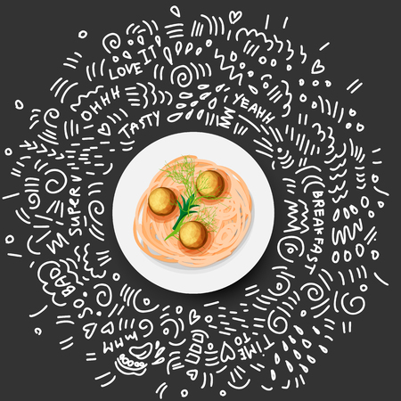 Vector Icon illustration of Pasta in Plate. Italian Pasta with with greens and meatballs in white plate. Plate of Spaghetti and meatballs, cartoon on black background with doodle decoration aroundの写真素材