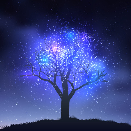 Magic tree vector illustration. Universe illustration. Colored cosmos backdrop with stars claster. Deep blue colorsのイラスト素材