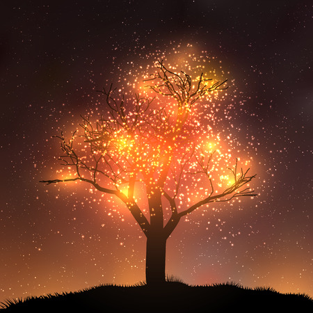 Magic tree vector illustration. Universe illustration. Colored cosmos backdrop with stars claster. Deep blue colorsのイラスト素材