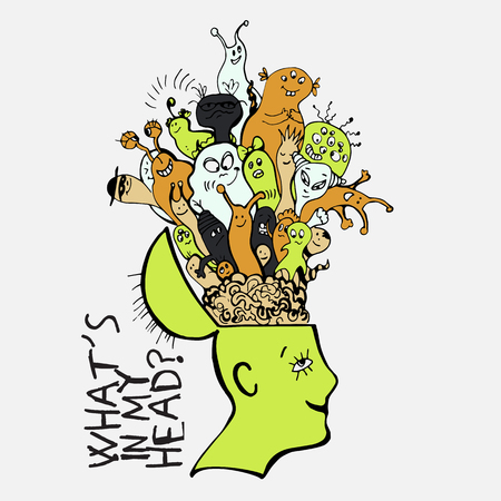 Human brain with cute cartooning monster inside. Concept about what strange things people have in thoughts. Funny monster in one branch inside persons brainの写真素材