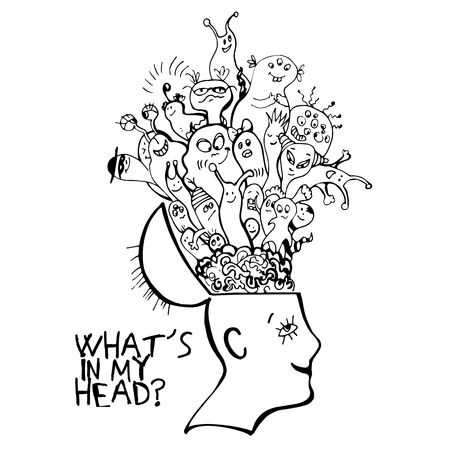 Human brain with cute cartooning monster inside. Concept about what strange things people have in thoughts. Funny monster in one branch inside persons brainの写真素材