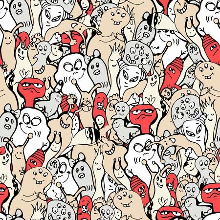 Cartoon monsters seamless pattern, hand draw doodle vector illustration. Repeatable pattern with cute monster, light vintage colors. Kids cartooning monster faces, endless backgroundの写真素材