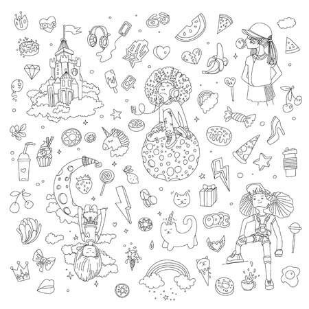 Set of teenage girl line icons, cute cartoon teen objects, fun line design vector in teenager girls concept. Doodle icon set for teenagers. Line hand drawn pizza, unicorn, sweetsの写真素材