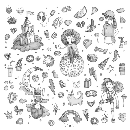 Colored Set of teenage girl icons, cute cartoon teen objects, fun stickers design vector in teenager girls concept. Doodle icon set for teenagers. Colored hand drawn pizza, unicorn, sweets.のイラスト素材