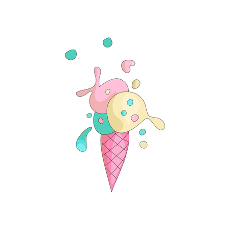 Cute sweet colored ice cream with pink cartoon waffle. Sweet summer ice cream dessert. Colored icecream icon with colored spray. Frozen funny ice creame.の写真素材
