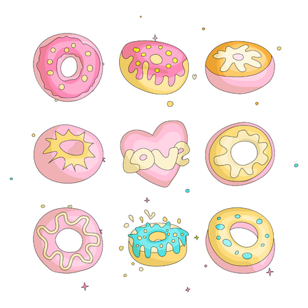 Cute funny Girl teenager colored icon set donuts, fashion cute teen and princess icons. Magic fun cute girls donuts and heart hand draw teens icon collection colored and isolatedのイラスト素材