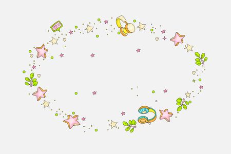 Funny doodle decorative round element with stars, hearts, headphones, branch, leaves, likes. Cartoon colored decoration for banner, lettering, illustration, cute game on gray.のイラスト素材