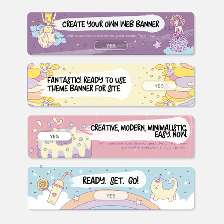 Fantastic minimalistic banner for web site in cartooning doodle style. Magic ready colored web banner with creative elements. Modern teenage girl four banners with rainbow, girls, moon, unicorn cat, donuts.のイラスト素材