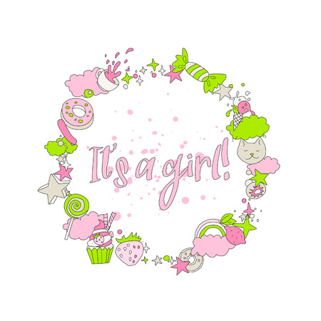 Cute pink greeting card with newborn girl. Cartoon fun greeting text - It`s a girl, newborn baby, little girl with round decoration icons. Funny dacoration with cats, donuts, sweets and other on white.のイラスト素材