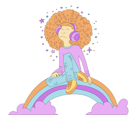 Vector Illustration of Young redhead Girl with Headphones, sitting on colored cartoon rainbow and listening music. Teenage young musical girl in bright colors, rebel girl illustration. Young teen girl isolated on white background. Young teenage girl in denimのイラスト素材