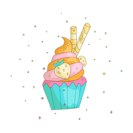 Sweet fun cartoon cupcake with colored frosting and strawberry. Cartoon cupcake icon with decoration...