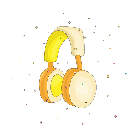 Funny cartoon yellow headphones for listening to music. Cute headset vector illustration with decoration elements. Yellow headphones for player cute icon isolated.のイラスト素材