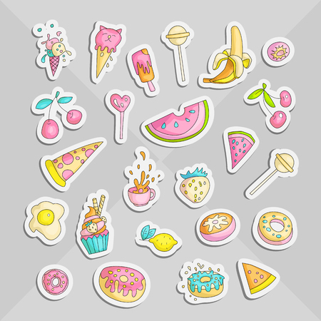 Cute funny Girl teenager colored stickers set, fashion cute teen and princess icons. Magic fun cute girls objects - cupcakes, sweets, eggs, banana, cherry, cup and other draw teens icon patch collection colored on gray gradient.のイラスト素材