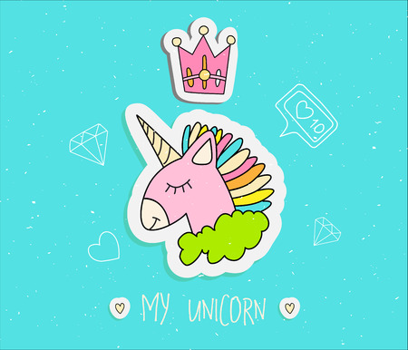 Cute cartoon unicorn with crown vector illustration. Happy uni orn with horn and colored hair, pink uni orn in green cloud with line elements, diamond, heart, like. Magic animals - sleeping uni orn isolated on blueのイラスト素材
