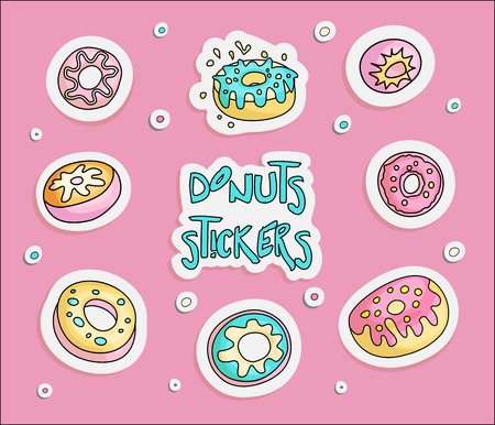 Cute funny Girl teenager colored stickers set donuts, fashion cute teen and princess patch icons. Magic fun cute girls donuts hand draw teens icon collection on pink background colored and isolatedのイラスト素材
