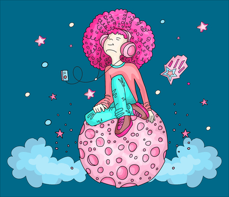 Vector Illustration of Young redhead Girl with Headphones, sitting on pink cartoon moon among two clouds, stars and listening music. Teenage young musical girl in bright colors, rebel girl illustration. Young teen girl isolated on dark blue background. Young teenage girl in denimのイラスト素材