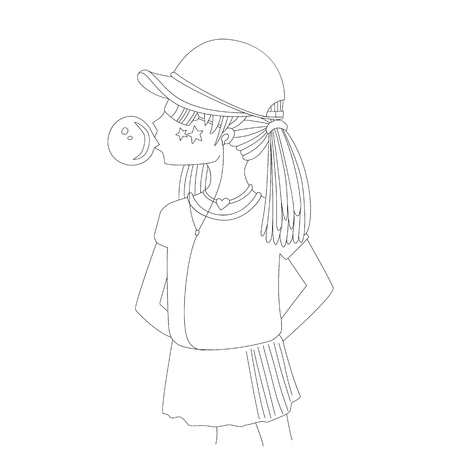 Young teen girl in a baseball cap with headphones blowing bubblegum line icon. Little girl vector cartoon pencil drawing illustration. Teenage girl, rebel girl illustration. Pre teen rebel grl isolated on whiteのイラスト素材