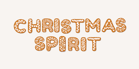 Christmas spirit concept with gingerbread cookies, covered in ice-sugar syrup, isolated on white. Christmas holiday cookie letters, cartoon vector illustration. Gingerbread new year and xmas spirit cookiesのイラスト素材