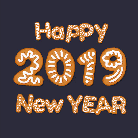 Happy 2019 new year concept with gingerbread cookies, covered in ice-sugar syrup, isolated on white. Christmas holiday cookie letters, cartoon vector illustration. Gingerbread new year and xmas cookie, vector.のイラスト素材