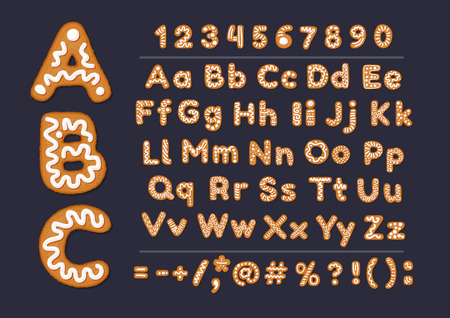 Christmas or New Year gingerbread cookies alphabet with arabic numbers and signs. Set of isolated alphabet, cookie figures, covered icing-sugar on dark background. Full English ABC. Vector cartoon illustrationのイラスト素材