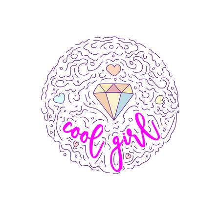 Doodle motivation text - cool girl in round form colored. Cute fun vector motivation quote with diamond, hearts and curved lines. Cool girl among curved lines and cute set icons on white.のイラスト素材