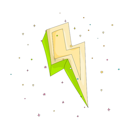 Cartoon green an yellow lightning icon with decoration elements. Simple fun cartoon lightning on white background icon. Green power lightning with decoration isolated.のイラスト素材