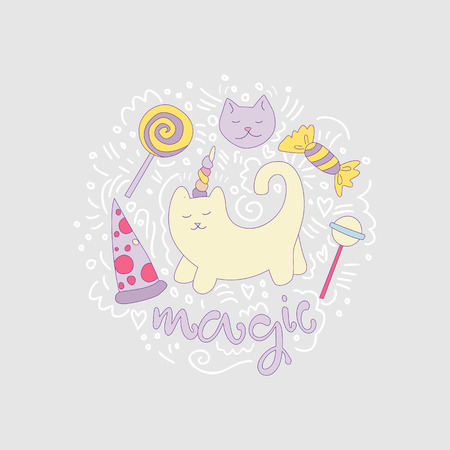 Magical cat vector cartoon fun illustration among curved lines and lollipops, sweets, pizza. Unicorn cat with horn and decorative elements, isolated on gray. Magical animals - cat, unicorn illustration isolatedのイラスト素材