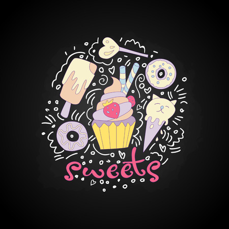 Sweet fun cartoon cupcake with colored frosting and strawberry. Cartoon cupcake icon with decoration elements such as donut, lollipop, ice cream and curved lines. Colored cupcake icon vector on black.のイラスト素材