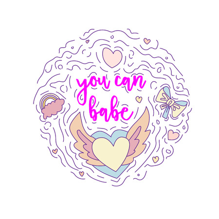 Doodle motivation text - you can babe in round form colored. Cute fun vector motivation quote with hearts, rainbow, bow and curved lines. You can baby among curved lines and cute set icons on white.のイラスト素材