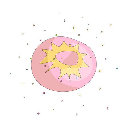 Sweet pink donut cartoon icon with colorful decoration. Vector icon cartooning tasty donut with hole. Sweet pink round donute with decoration isolated on white background.のイラスト素材