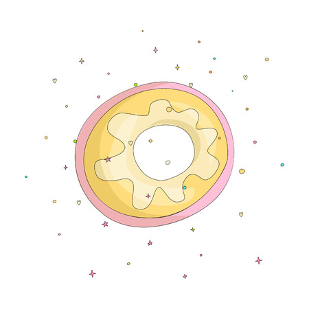 Sweet yellow donut cartoon icon with colorful decoration. Vector icon cartooning tasty donut with hole. Sweet pink round donute with decoration isolated on white background.のイラスト素材