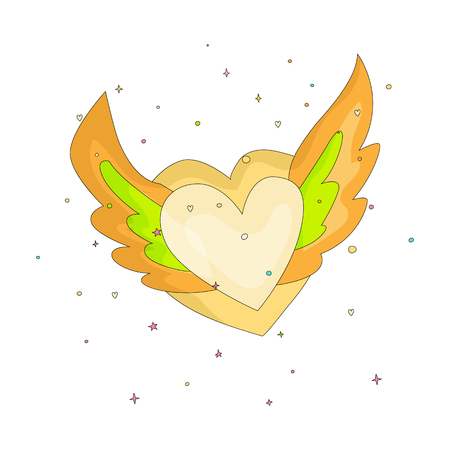 Yellow simple heart with wings icon. Fun cartoon romantic heart with wings and decoration elements on background. Simple heart with wings cartoon icon, symbol of love isolated.のイラスト素材