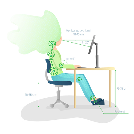 Ergonomic, healthy Correct sitting Spine Posture. Healthy Back and Posture Correction illustration. Office Desk Posture. Curvature of Spine with Good Position sitting when working at Computer, vectorのイラスト素材
