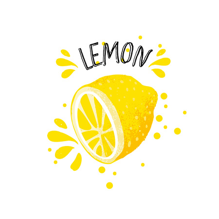 Vector hand draw lemon illustration. Half of lemons with juice splashes isolated on white background. Textured yellow citrus sketch, juice citrus fruit with word Lemon on top. Fresh ripe lemon fruit.のイラスト素材