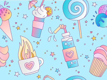 Sweet Positive little girl and princess seamless pattern. Repeatable pattern with hot tea, lolipop, ice cream and cake on blue background, sweet dessert cute seamless pattern. Fashion girl pattern.のイラスト素材