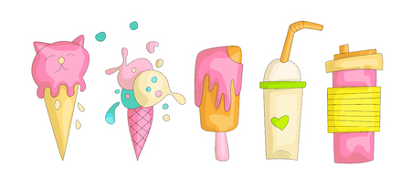 Cute funny Girl teenager colored icon set, fashion cute teen and princess icons. Magic fun cute girls objects - ice cream, cocktails and lollipops hand draw teens icon collection.のイラスト素材