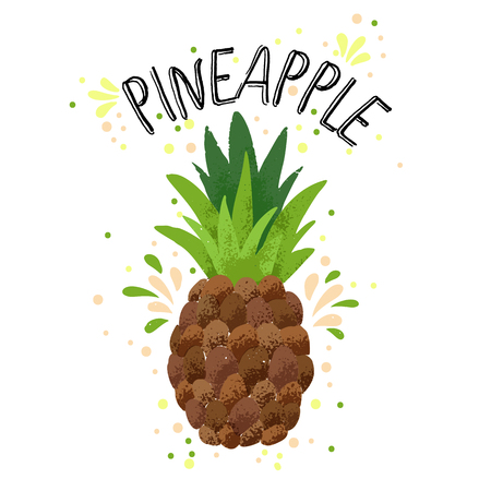 Vector hand draw pineapple illustration. Yellow ripe pine apple with juice splash isolated on white background. Textured pineapples with splashes, juice tropical fruit with word Pineapple on top. Fresh silhouette fruit of Pineapple.のイラスト素材