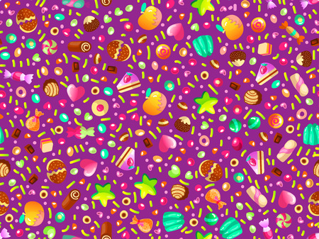 Cute seamless pattern with colorful sweets, cakes, lollipops. Cartoon seamless pattern with candy and sweet dessert. Fun colorful sweet pattern with candy, ice cream, round lollipops. Candy patternのイラスト素材