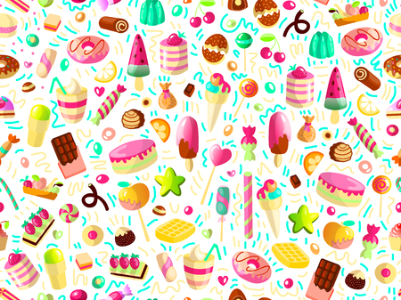 Cute seamless pattern with colorful sweets, cakes, lollipops. Cartoon seamless pattern with candy and sweet dessert. Fun colorful sweet pattern with candy, ice cream, round lollipops. Candy patternのイラスト素材