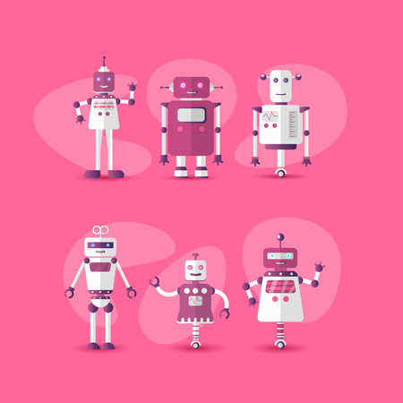Retro vintage funny vector robot set icon in flat style isolated on pink background. Gradient modern flat Chatbot icon collection. Set of Cute cartoon retro robot icons, chat bot set isolated on pink in neon colors and gradientsのイラスト素材