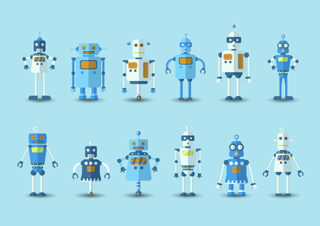 Retro vintage funny vector robot set icon in flat style isolated on blue background. Vintage illustration of flat Chatbot icon collection. Set of Cute cartoon retro robot icons, vintage chat bot set isolated on blueのイラスト素材